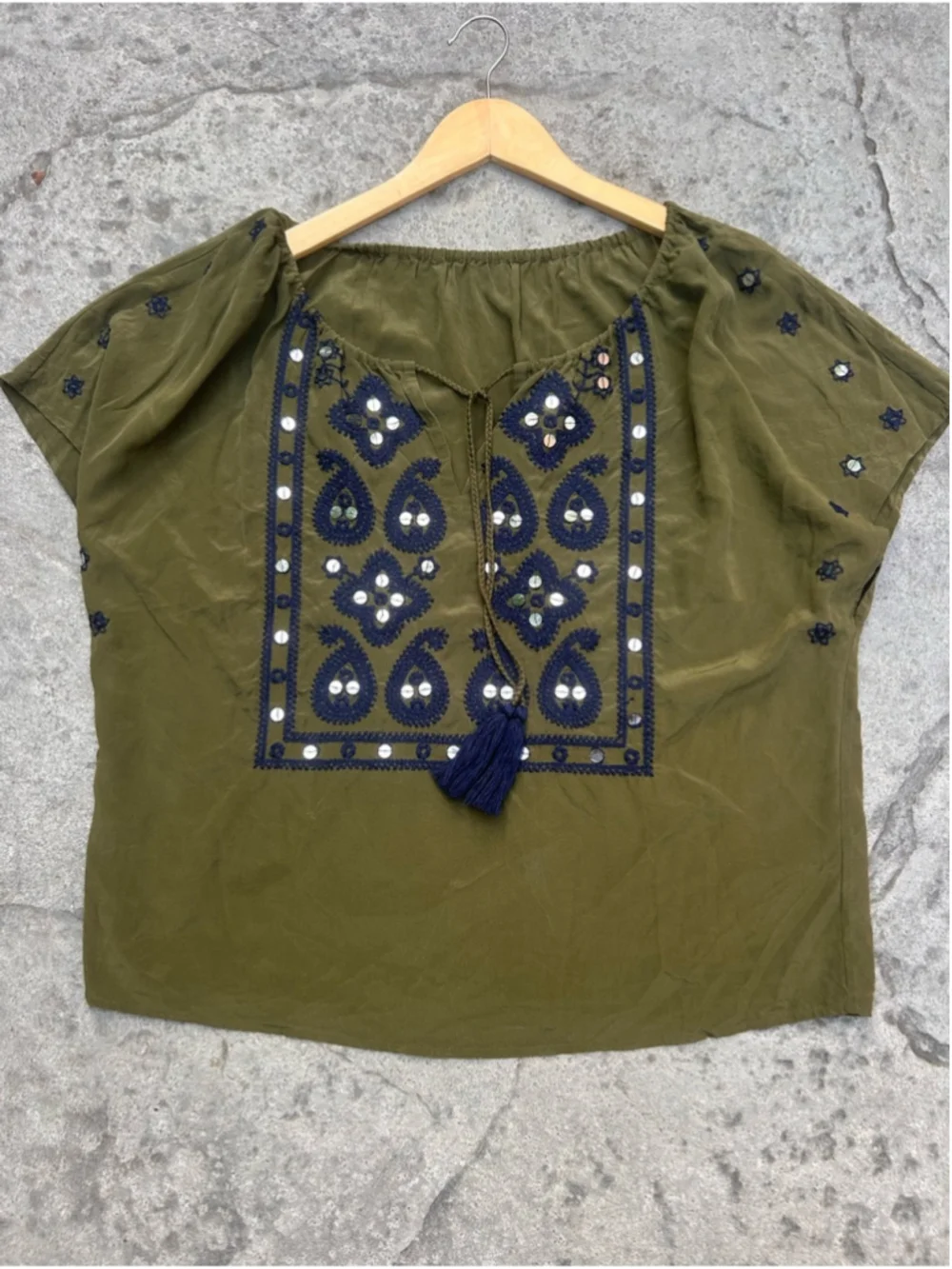 Tory Burch 100% Silk Embroidered Mirror Peasant Blouse Olive Green Boho Festival